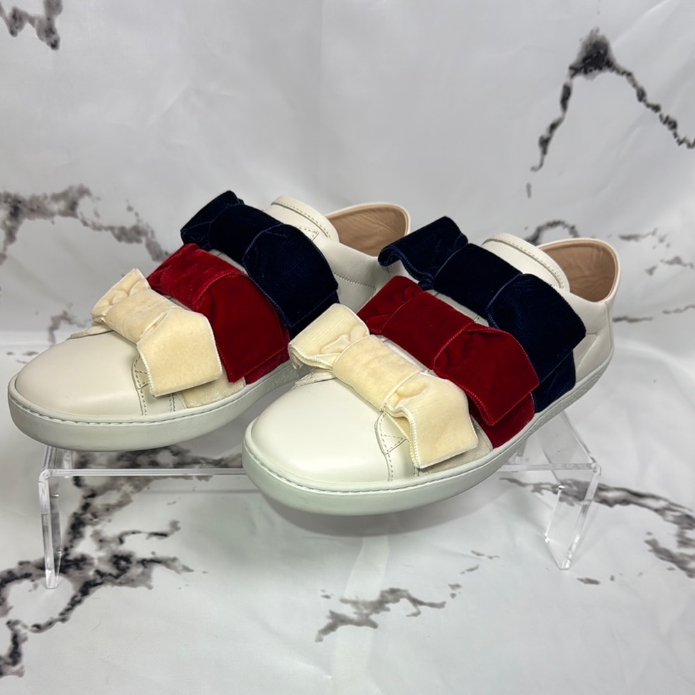Gucci Ace Bow Leather Sneakers Velvet Slip On Cream Gold Bee Closed Heel or Mule